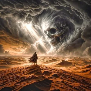 Skull and wariror in a dramatic sky